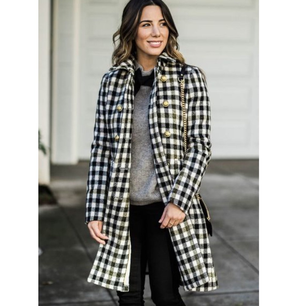 J.Crew Double Breasted Wool‎ Coat in Black Ivory Oxford Check Plaid Size 0